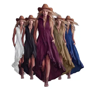 Sleeveless retro casual zip-front maxi dress with ruffled high-low hem in five colors