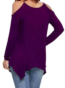 Back view of a purple cold shoulder long sleeve T-shirt with an irregular asymmetric hem.