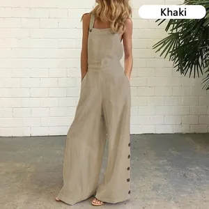 Casual khaki sleeveless wide-leg jumpsuit featuring side button details and pockets.