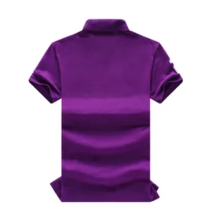 Back view of a classic purple cotton polo shirt with white sleeve embroidery