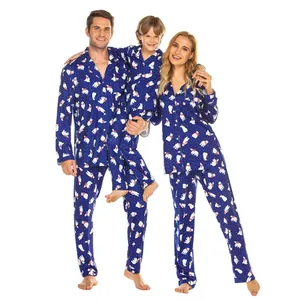 Festive navy blue Christmas family matching pajama set featuring polar bear prints