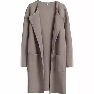 Elegante cardigan lungo da donna con revers e tasche in talpa, apertura frontale