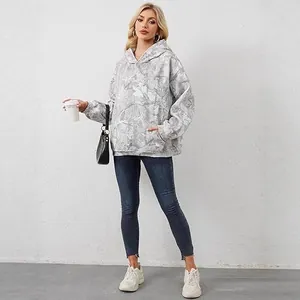 Damen Oversized Marmor Print Hoodie Polyester Langarm Pullover Herbst Winter Lässig Blattmuster Kapuzenpullover Mit Tasche