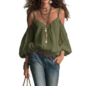 Blusa verde oliva para mujer con hombros descubiertos y mangas abullonadas estilo boho