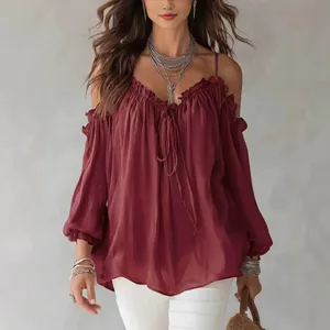 Elegant burgundy ruffled cold-shoulder blouse with tie-front detail for women.