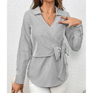 Elegant women's vertical striped long sleeve wrap shirt with adjustable waist tie knot