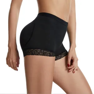 High-waist black padded butt lifter shapewear panties with elegant lace trim details