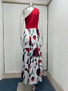 Back view of a one-shoulder floral print maxi dress on a transparent mannequin display
