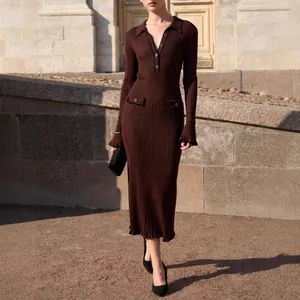 Elegant French style brown ribbed knit midi dress with polo collar and flared cuffs