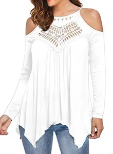 Detail view of white cold shoulder long sleeve top with intricate lace crochet neckline
