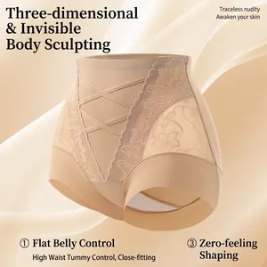 High-waisted seamless tummy control panties with lace detailing and cross-strap shaping.
