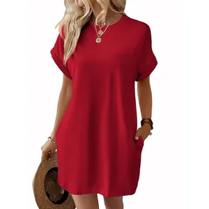 Women's casual solid red t-shirt dress with pockets and loose round neck design.
