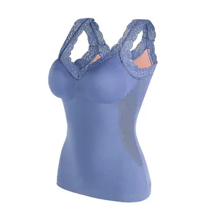 Seamless women's thermal camisole with lace trim and built-in pads in light blue