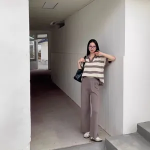 Korean style striped polo knit top and high-waist wide-leg pants two-piece outfit