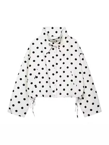 Stylish white polka dot jacket for women with high collar and adjustable drawstring hem