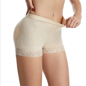 Women's padded butt lifter shapewear shorts with mesh fabric and elegant lace trim.