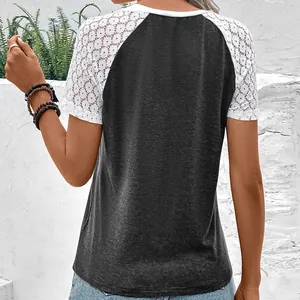 Casual dames raglan T-shirt met antraciet body en witte kanten korte mouwen