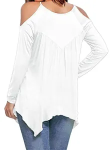 Back detail of white cold shoulder long sleeve top with pleated asymmetrical hem