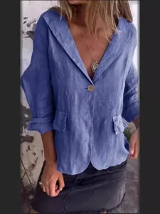 Giacca blazer da donna in cotone e lino blu, vestibilità morbida con bottone unico