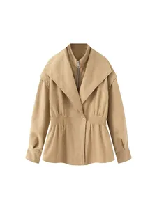 Retro American style khaki suede jacket with cinched waist and fake two-piece design
