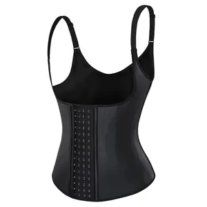 Close-up detail of black sweat body shaper vest with adjustable straps and hook closures
