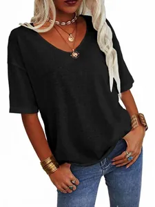 Casual γυναικείο μαύρο T-shirt με λαιμόκοψη V, μισό μανίκι και άνετη χαλαρή γραμμή