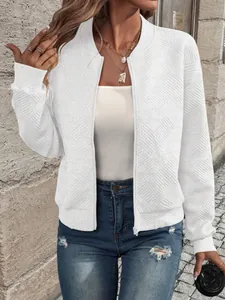 Detailed view of the white ribbed texture on this stylish women's baseball jacket