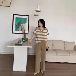 Korean style striped polo knit top and wide-leg trousers two-piece set in beige