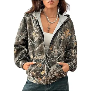 Casual dameshoodie met rits en bos-camouflageprint met lichtgrijze capuchonvoering