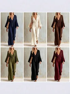 Bohemian Women V Neck Jumpsuit Long Sleeve Flare Sleeve Wide Leg Loose Fit Polyester Casual Rompers One Piece Long Pants