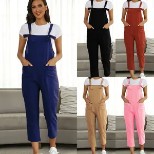 Women's Casual Cotton Linen Plus Size Overalls Jumpsuit With Tie Shoulder Straps And Large Pockets Loose Wide Leg Romper