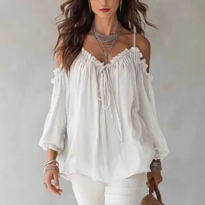 Elegant off-the-shoulder white blouse with ruffle collar and tie-neck detail