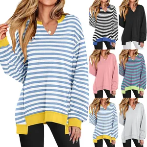 Vrouwen Oversized Gestreept Hoodie V-hals Lange Mouw Sweatshirt Contrast Ribgebreide Losse Pullover Casual Top