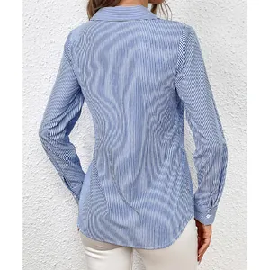 Back view of a classic blue and white vertical striped long sleeve button-down shirt