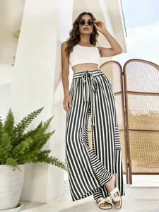 Women's black and white striped high-waisted wide-leg trousers for summer casual wear