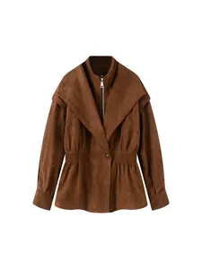 Vintage brown faux suede waist-slimming jacket with a stylish layered collar for women