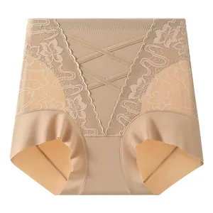 Seamless high-waisted tummy control panties for women with lace mesh and beige finish