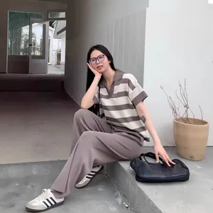 Elegant Korean style striped polo knit top and high waist wide leg pants set for women