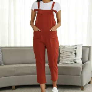 Casual orange-red plus size overalls jumpsuit with tie straps and front pockets