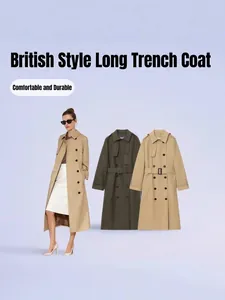 Trench-coat Long à Double Boutonnage pour Femmes Style Britannique Imperméable avec Ceinture Épaulettes Couleur Unie Mode Haut