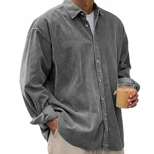 Chemise en Velours Côtelé Décontractée pour Hommes Manches Longues Revers Couleur Unie Top Large à Boutons Doux Confortable Style Rétro Mode Quotidien