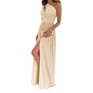 Elegant champagne one-shoulder sleeveless maxi dress with high waist and leg split