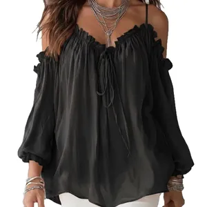 Elegant black off-shoulder blouse with ruffled trim and drawstring tie neckline detail