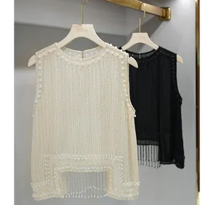 Elegant pearl beaded tassel sleeveless vest top in white and black for women.