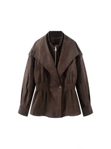 Vintage brown faux suede fake two-piece jacket for women with waist-slimming design