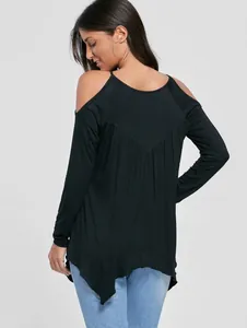 Detailed back view of a black cold shoulder long sleeve tunic with pleated hem detail