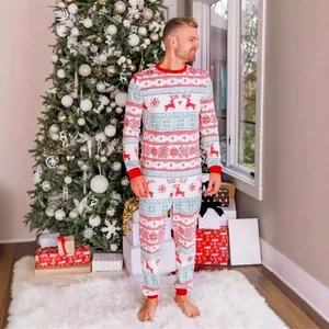 Festive men's Christmas reindeer print pajama set with long sleeves and fair isle patterns.