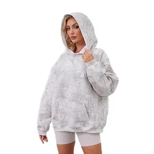 Casual oversized women's grey marble print hoodie with front pocket and cozy hood