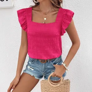 Stylish women's summer square neck blouse with ruffle sleeves in vibrant hot pink color