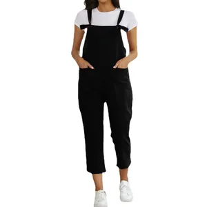 Women's plus size casual black overalls jumpsuit with adjustable strap and pockets